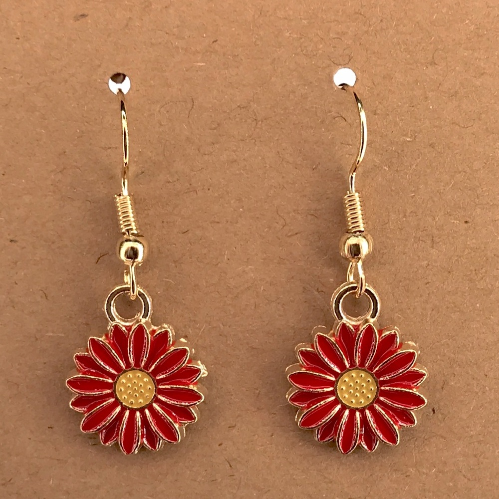 Gold and Red Flower Earrings Fashion Jewelry